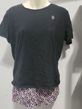 Victoria's Secret Black Short-Sleeve Logo Tee with Pink Accent